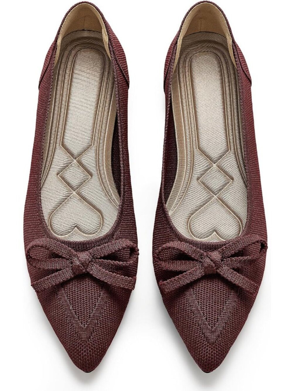 Women's Wine Red Pointed Toe Bow Knit Ballet Flats Comfortable Slip On Shoes